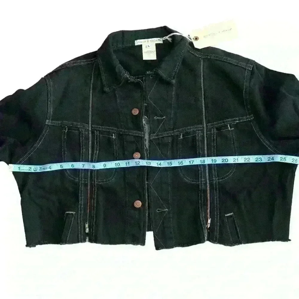 Free people Tricia Fix Western Crop denim jacket size L zipper in wash black nwt - Picture 9 of 12